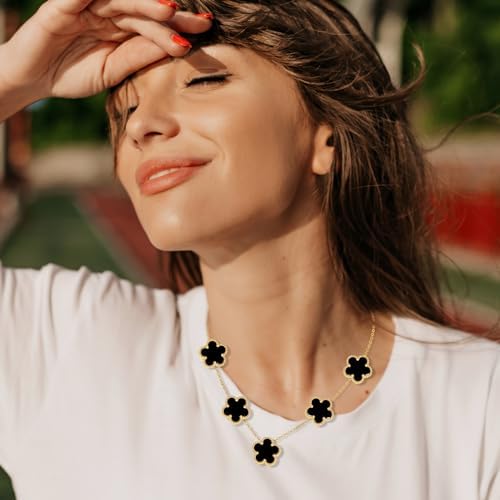 Elegant Black Onyx-Style 5-Motif Clover Necklace –  Floral Station Chain for Women