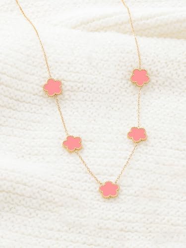 Elegant 5-Motif Pink Flower Station Necklace –Stainless Steel, Sweet Floral Charm Jewelry for Women & Girls