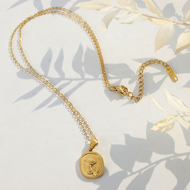Rose Coin Pendant Necklace – Dainty Embossed Floral Medallion with Sparkling Zircon Accent for Women