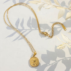 Rose Coin Pendant Necklace – Dainty Embossed Floral Medallion with Sparkling Zircon Accent for Women