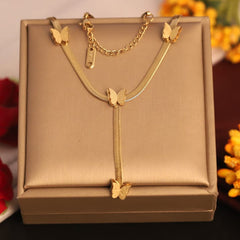Frosted Butterfly Charm Drop Necklace – Minimalist Gold Herringbone Snake Chain Jewelry