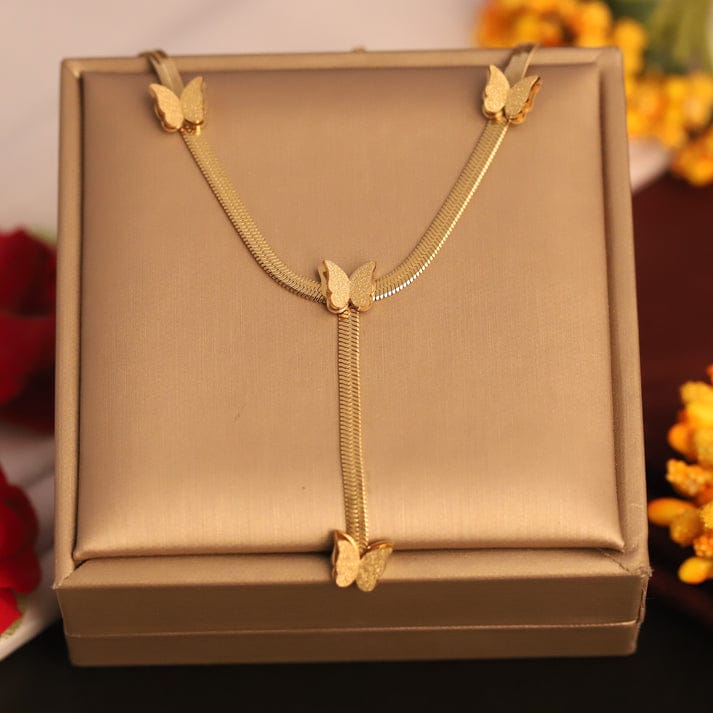 Frosted Butterfly Charm Drop Necklace – Minimalist Gold Herringbone Snake Chain Jewelry