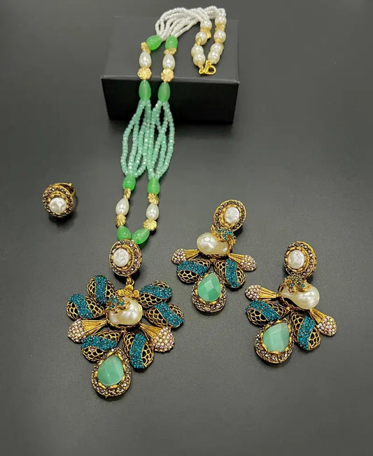 Royal Multicolor Kundan & Pearl Jewelry Set – Handcrafted Necklace, Earrings & Ring Ensemble